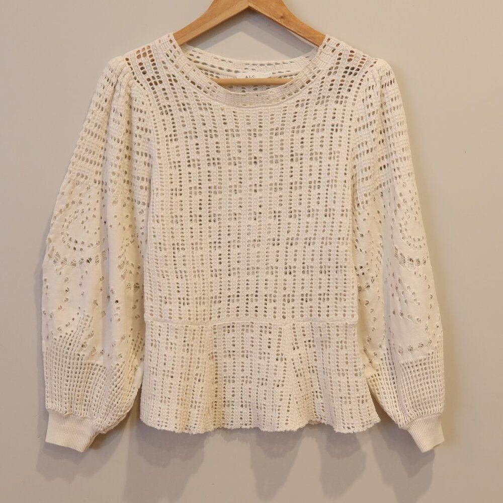 ALC crochet open knit sweater white baloon sleeve Large peplum stretch lace crew